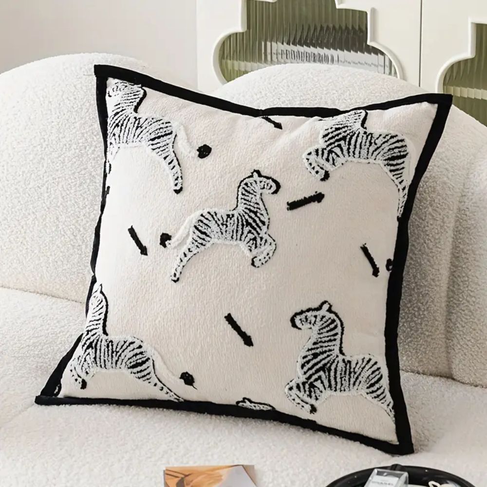 Zebra Dash Embroidered Cushion Cover Ivory Zebra