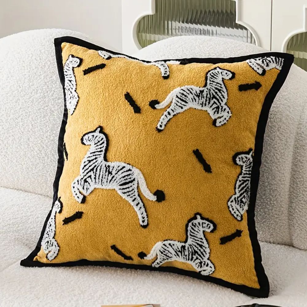 Zebra Dash Embroidered Cushion Cover Golden Zebra