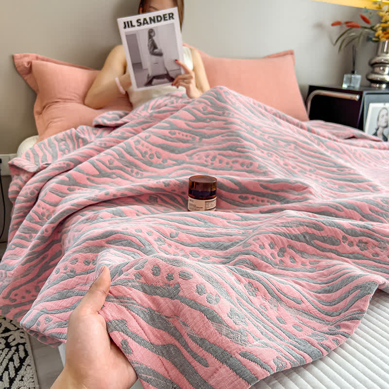 Zebra Pattern Cotton Blanket - Lightweight Muslin Quilt Pink