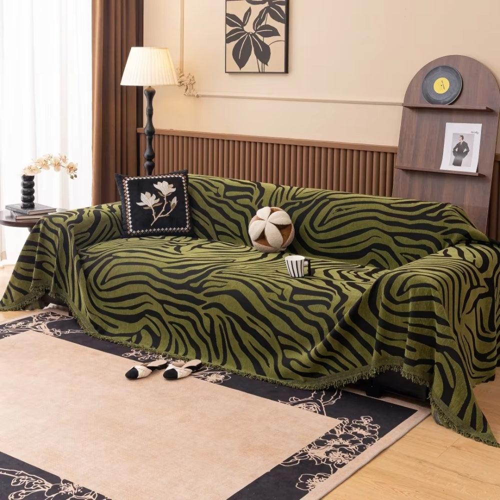 Zentara Chenille Zebra Geometric Sofa Cover Olive Wild