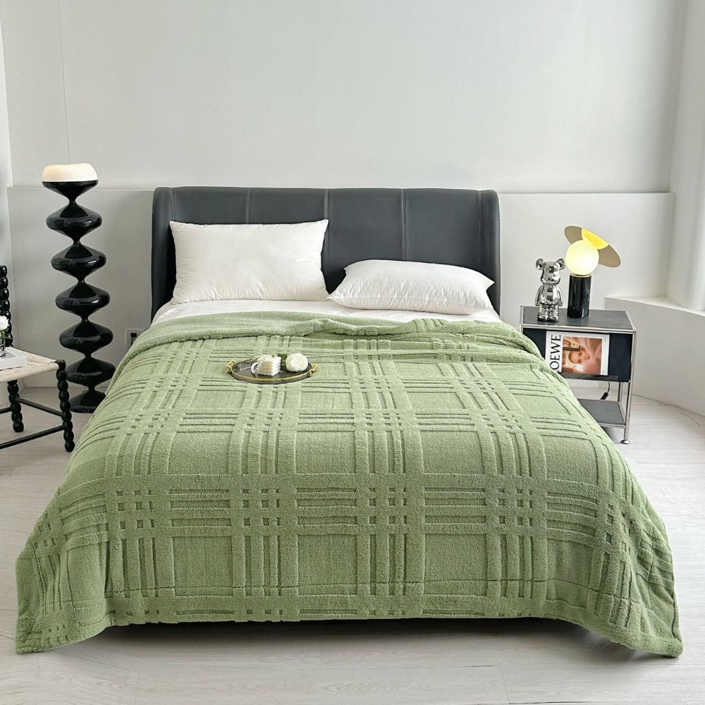 Plaid Embossed Grid Pattern Winter Blanket Olive Green
