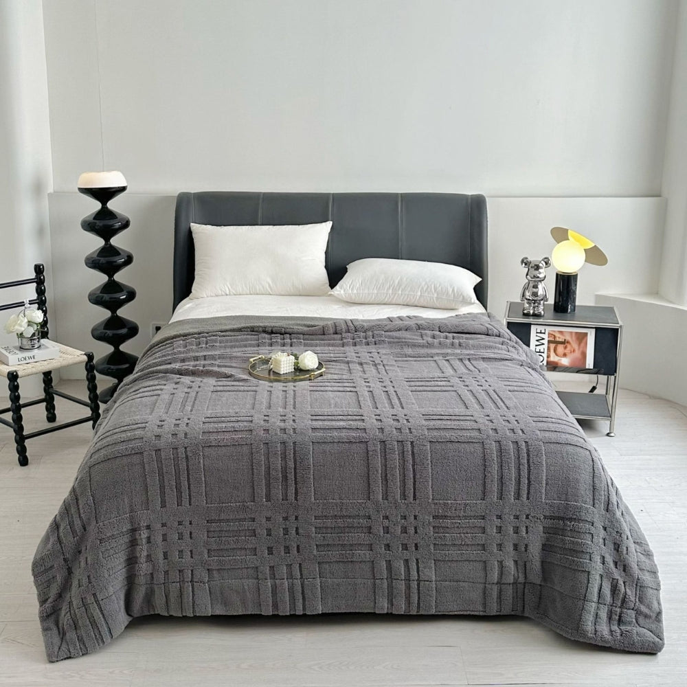 Plaid Embossed Grid Pattern Winter Blanket Charcoal Gray