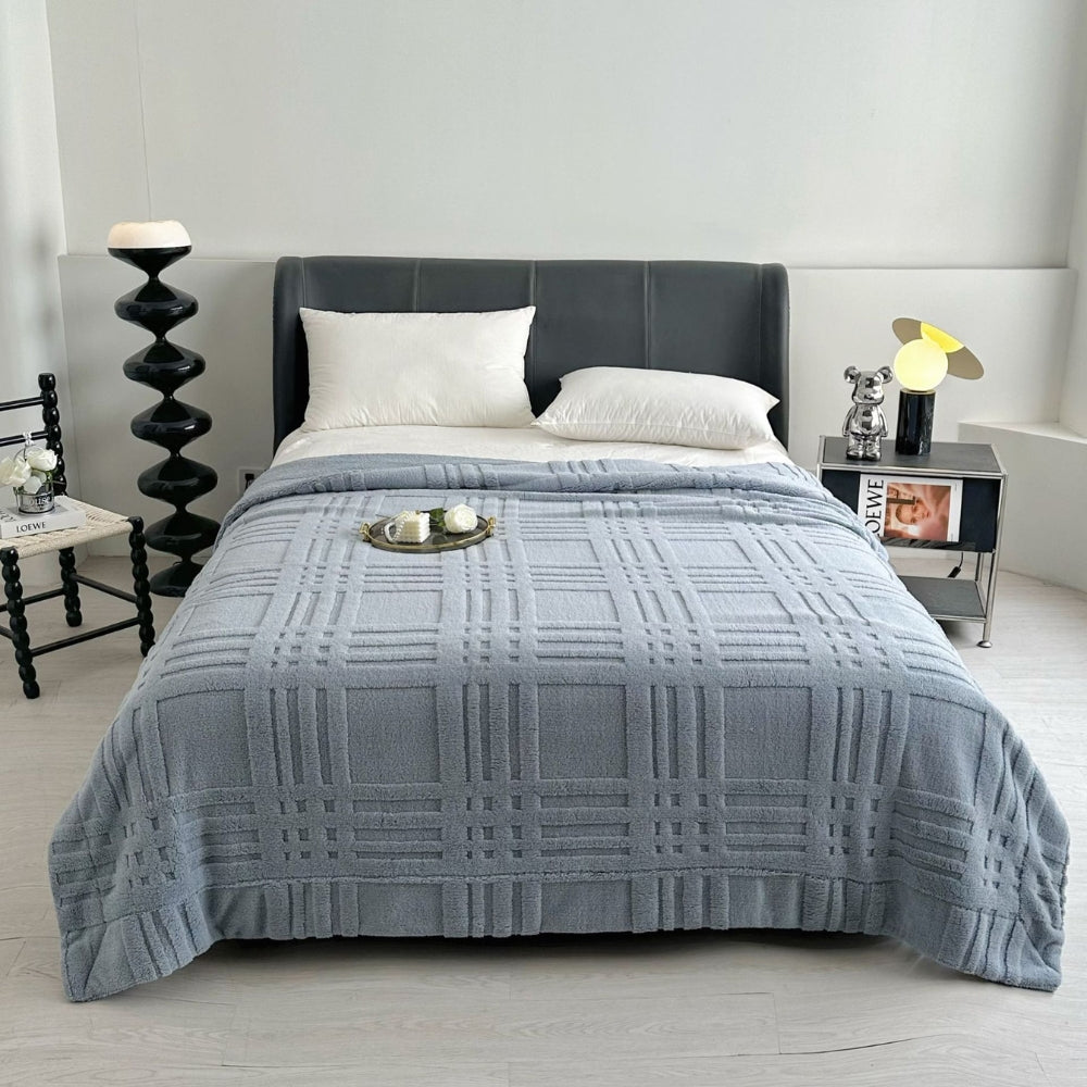 Plaid Embossed Grid Pattern Winter Blanket Steel Blue