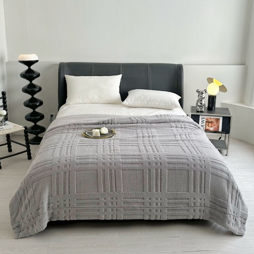 Plaid Embossed Grid Pattern Winter Blanket Ash Gray