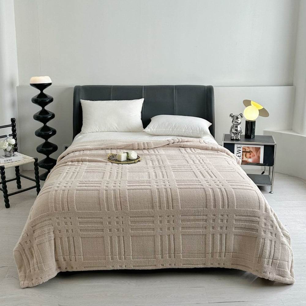 Plaid Embossed Grid Pattern Winter Blanket Beige Mocha