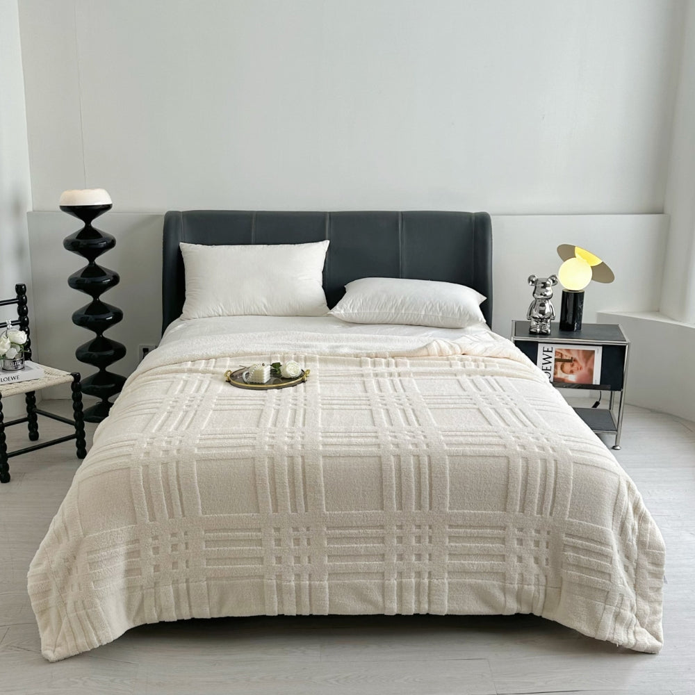 Plaid Embossed Grid Pattern Winter Blanket Ivory Cream