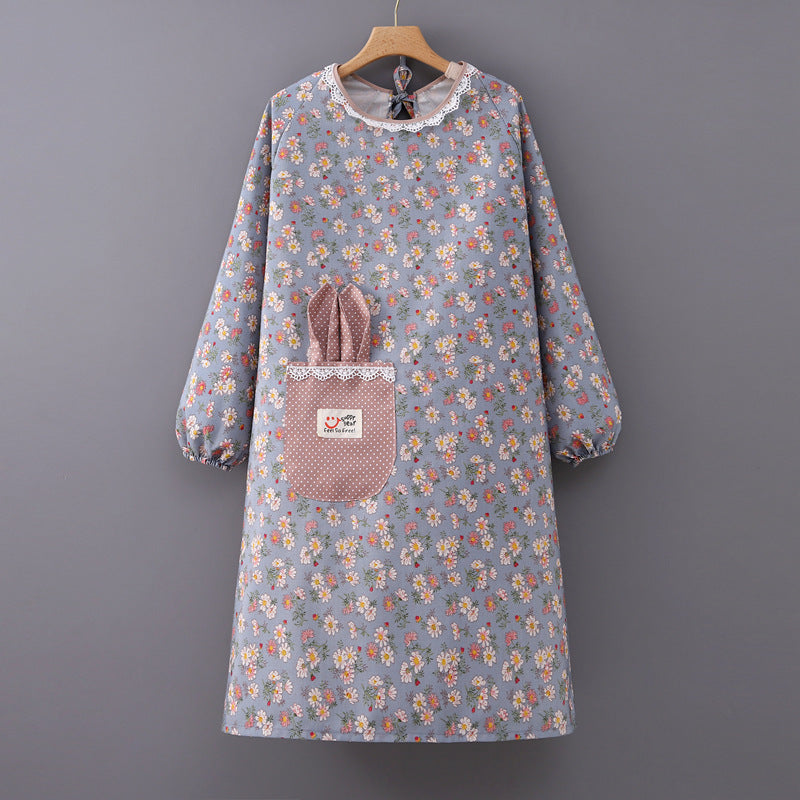 Floral Waterproof Kitchen Apron Blue Long Sleeve