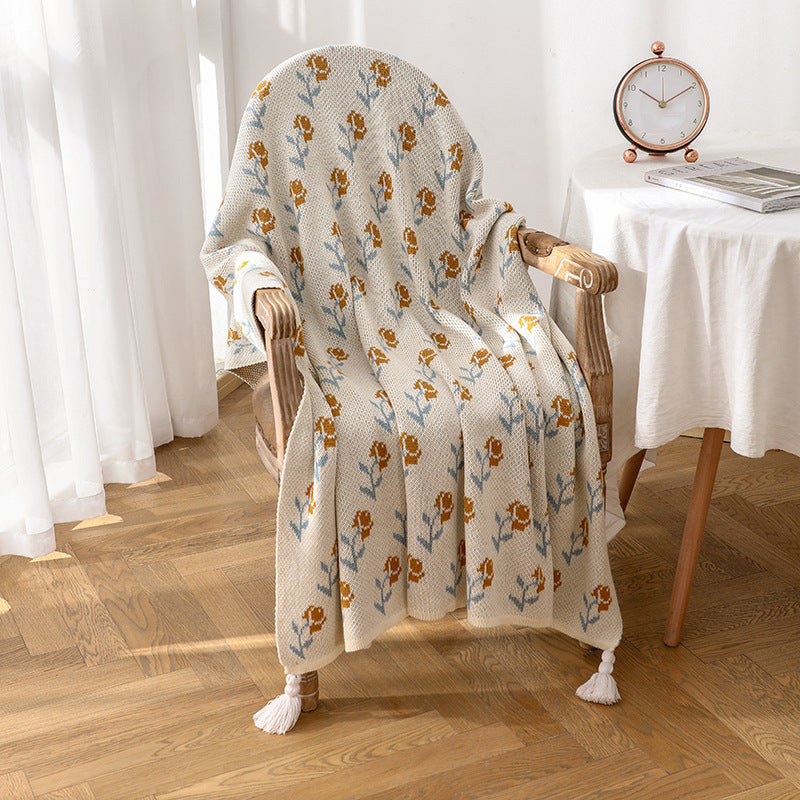 Knitted Throw Blanket – Mustard Rose Pattern with Tassels  51" x 67"
