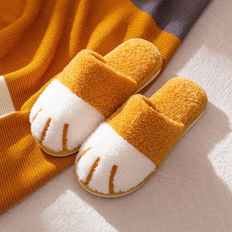 Cozy Cat Paw Plush Slippers Yellow