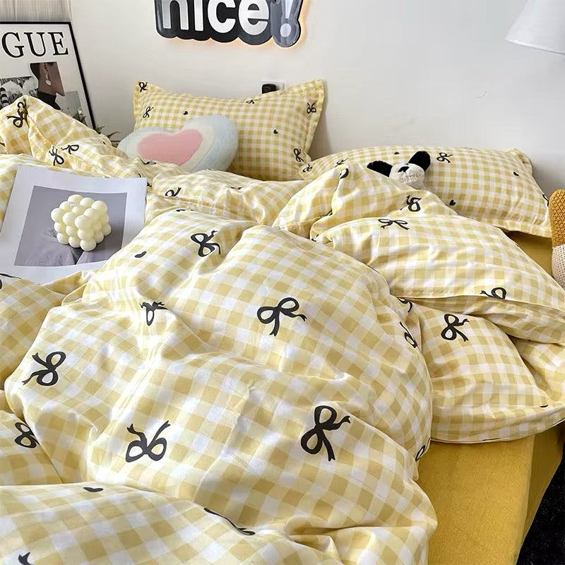 Pink Plaid Bowknot Bedding Set Yellow