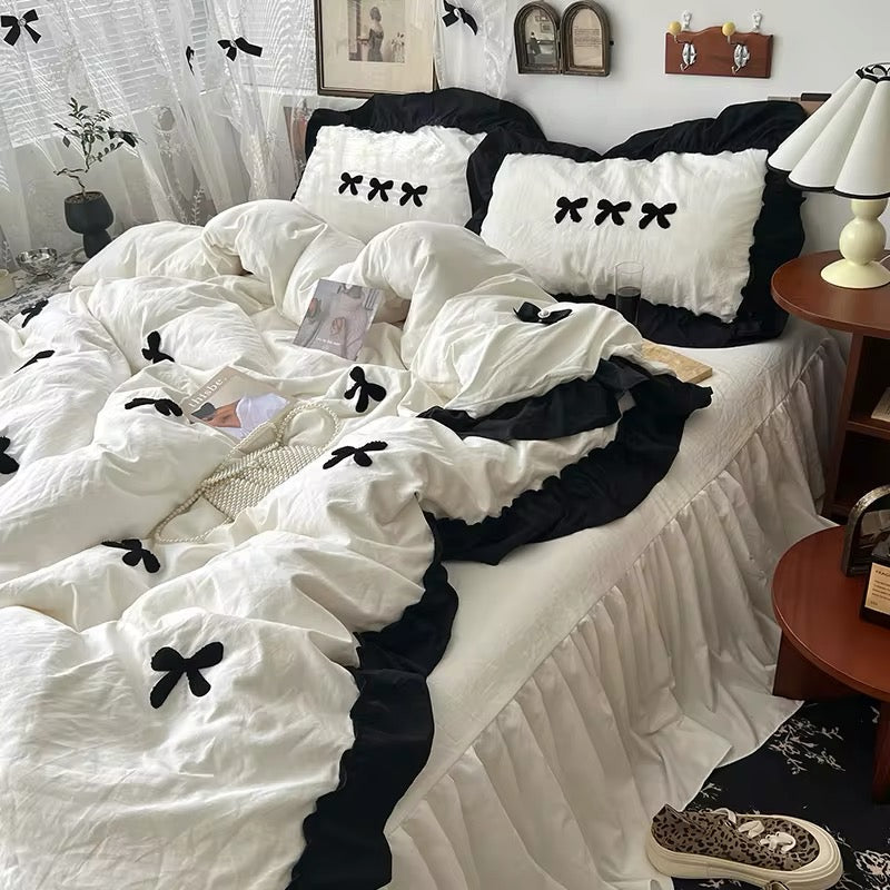 Aesthetic Pink Bedding Set with Bow White