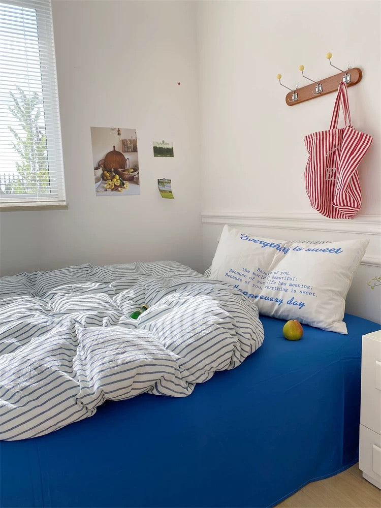 Minimalist Blue Striped Cotton Duvet Cover Set