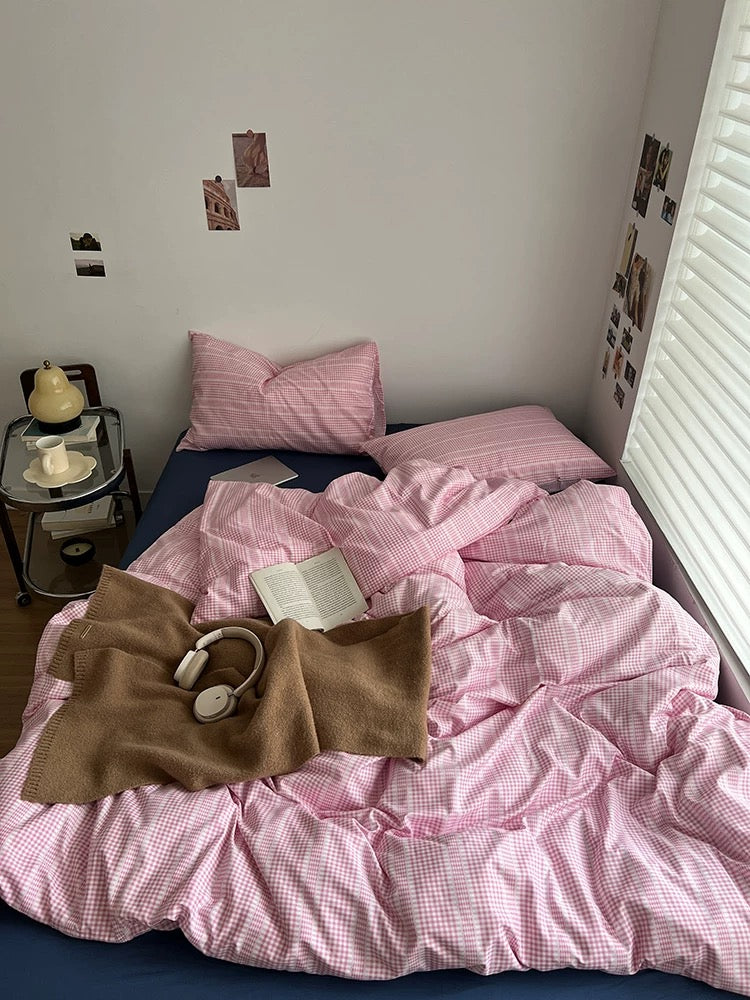 Pink Gingham Aesthetic Duvet Cover Set
