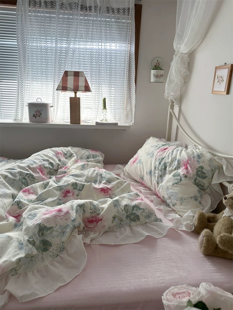 Pink Floral Ruffle Cotton Bedding Set