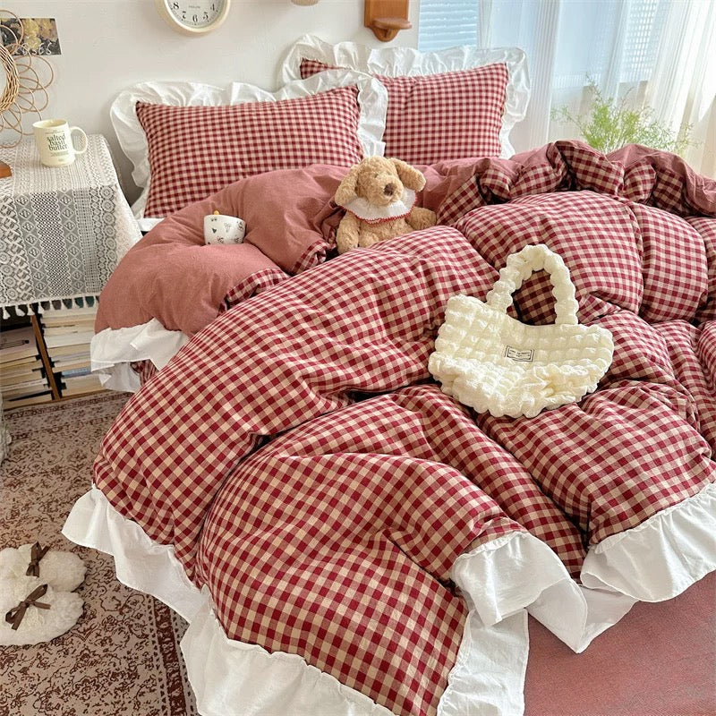 Red Gingham Plaid Duvet Cover Set