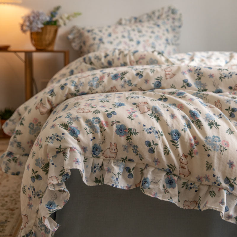 Floral Bunny Bedding Set — Cotton Gauze Kids Duvet Cover Set