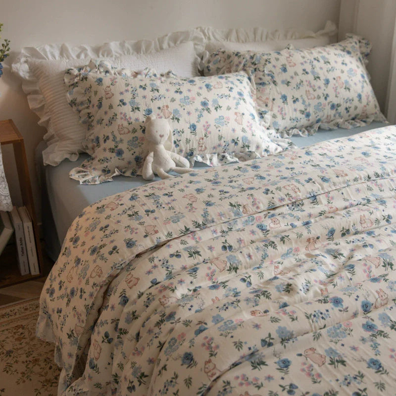 Floral Bunny Bedding Set — Cotton Gauze Kids Duvet Cover Set Blue Set