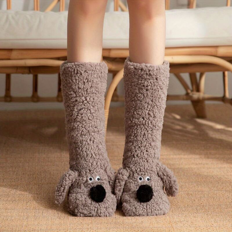Women's Fuzzy Dog Plush Socks Brown One Size (Women)