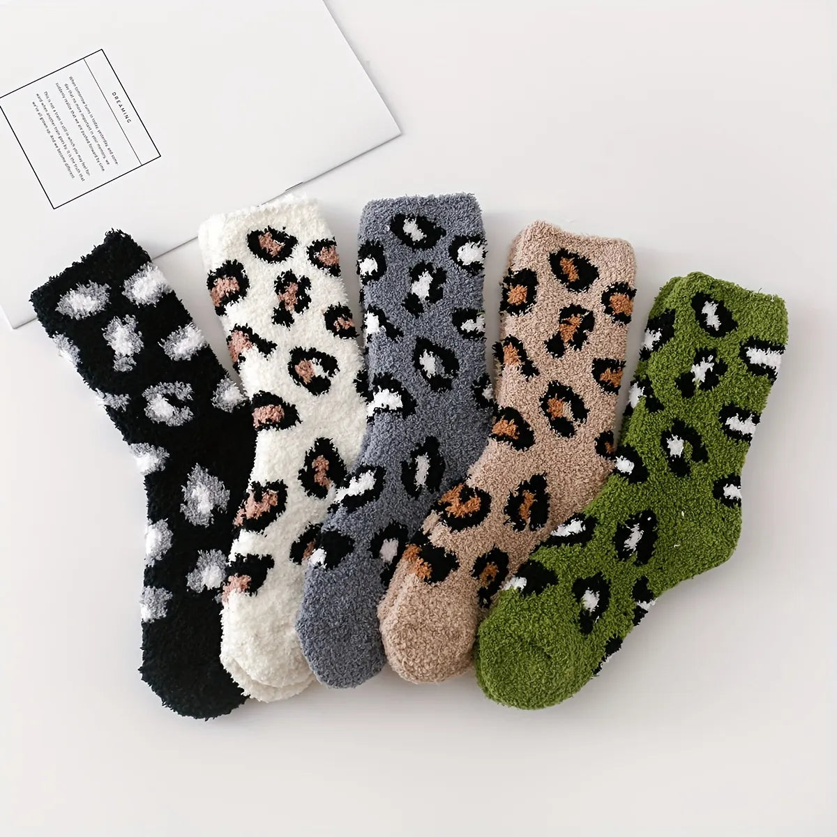 Fuzzy Leopard Print Plush Socks Set of 5 One Size (Women)