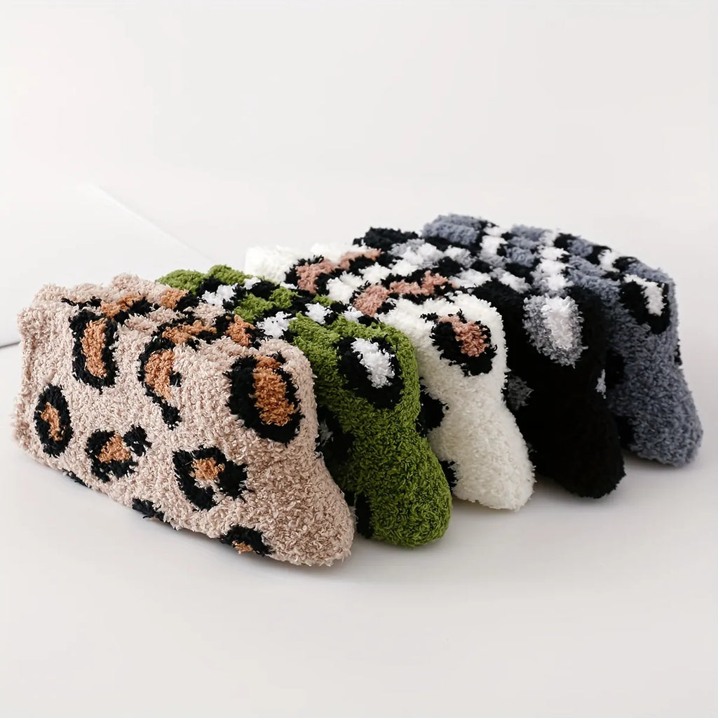 Fuzzy Leopard Print Plush Socks