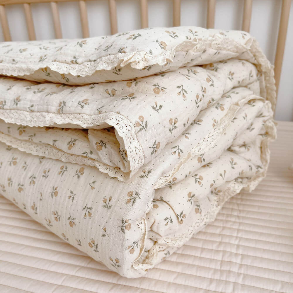 Soft Airy Floral Baby Quilt – Cotton Muslin with Lace Trim
