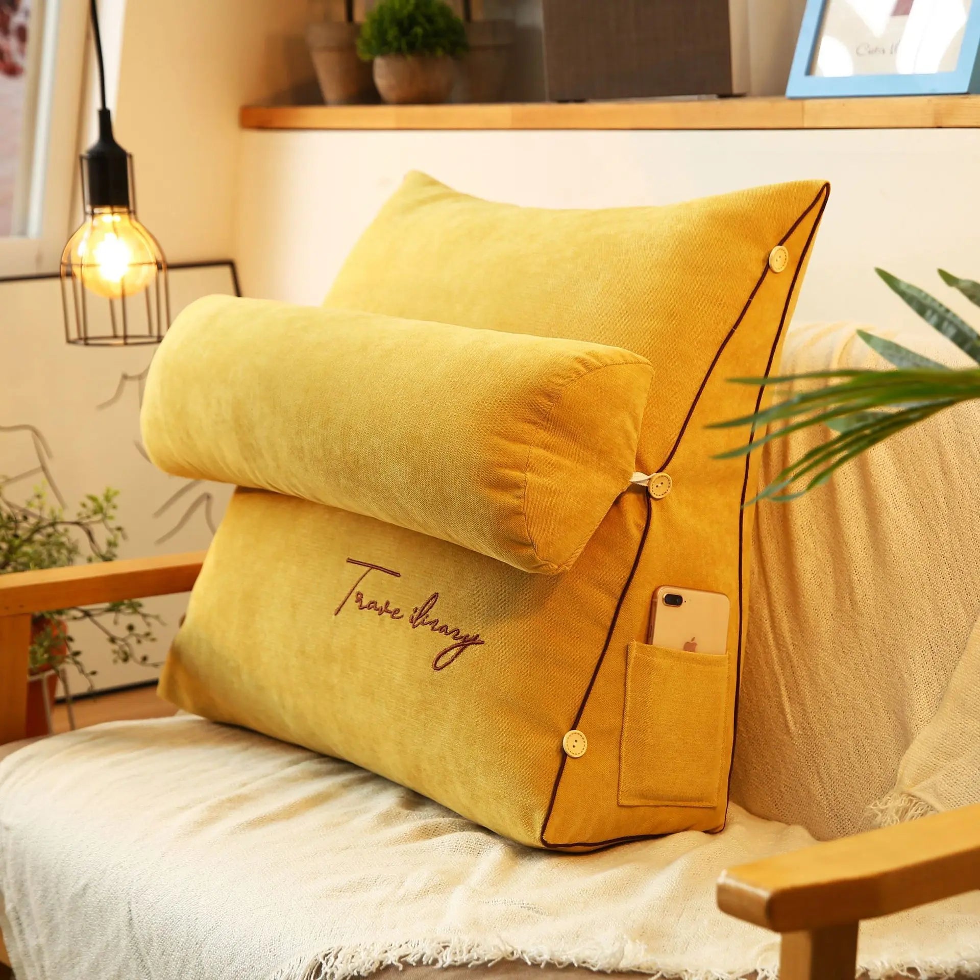 Reading Pillow with Adjustable Backrest Yellow 18"×18"