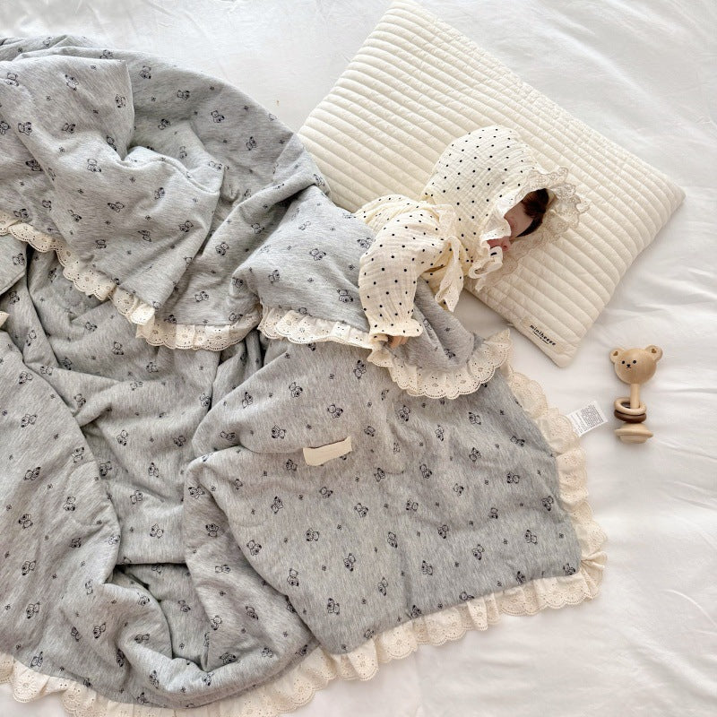 Grey Bear Baby Comforter – Cotton Jersey with Lace Trim