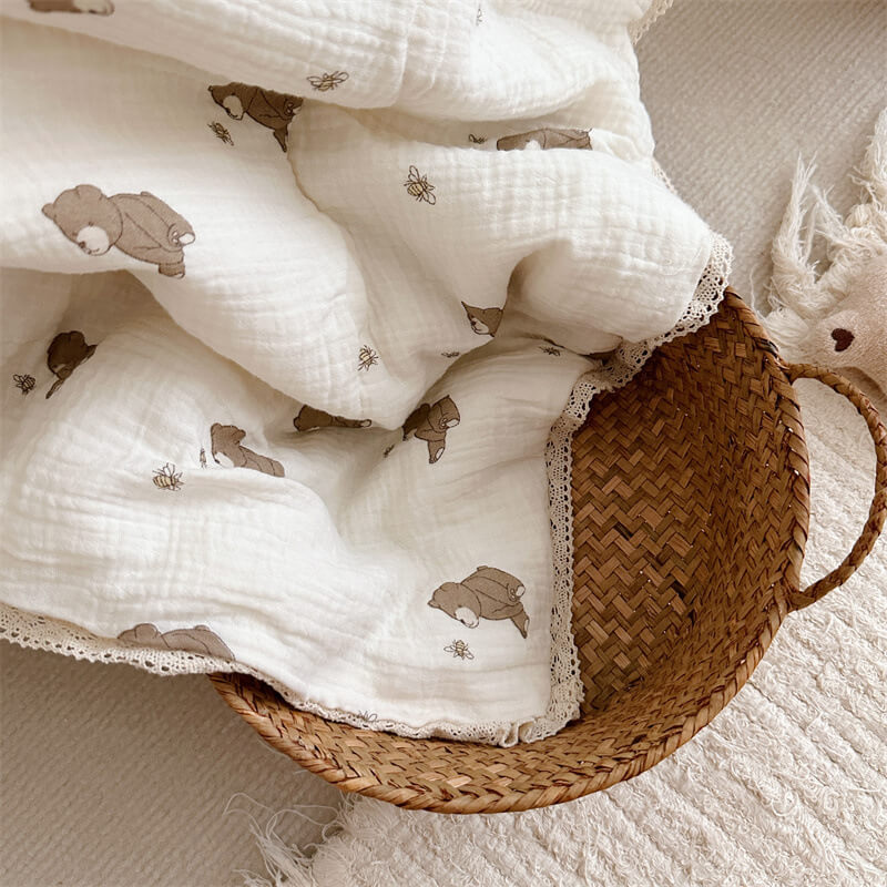Honey Bear Toddler Comforter – Cotton Muslin with Lace Trim