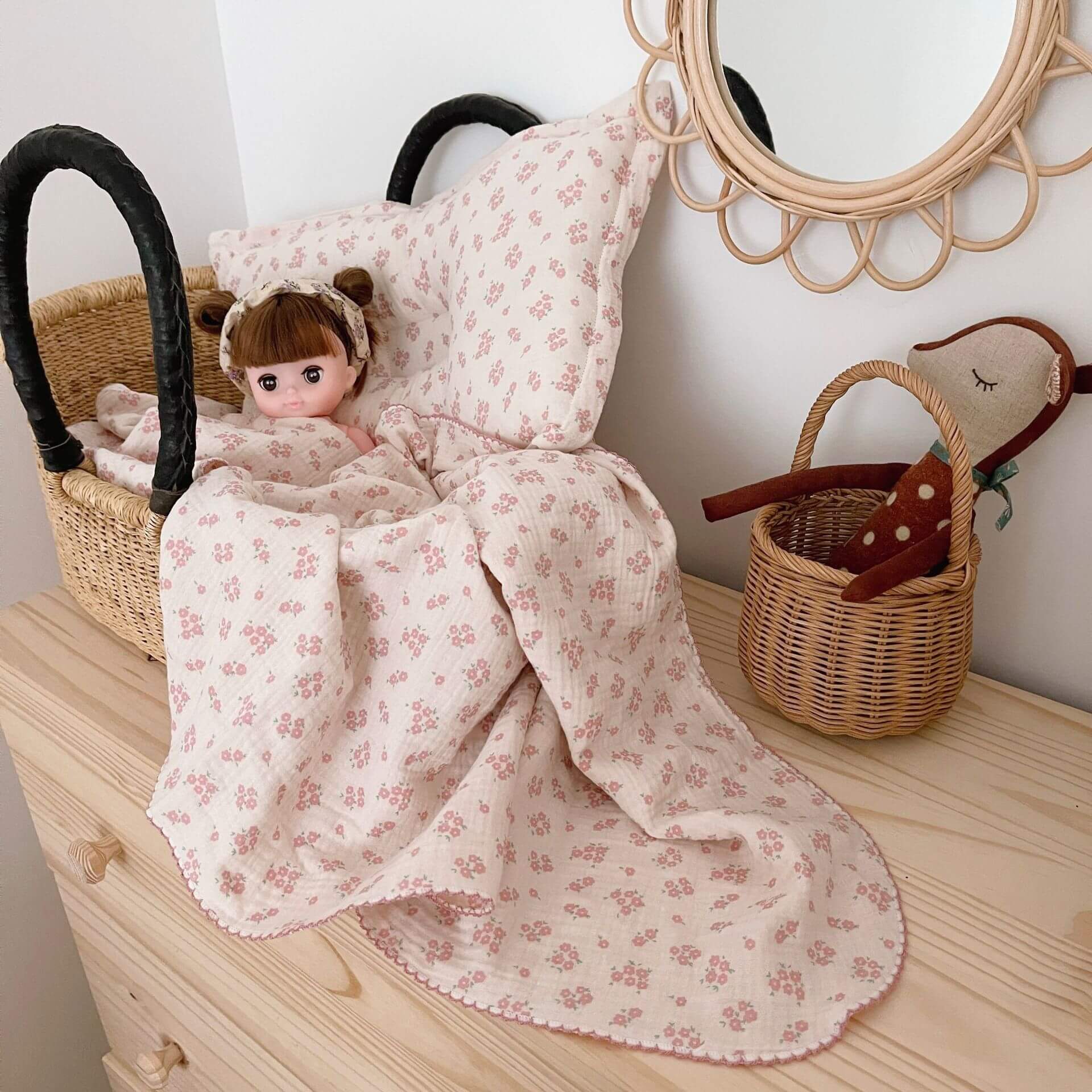 Vintage Floral Muslin Baby Blanket – Carmine Pink, 47" x 51"