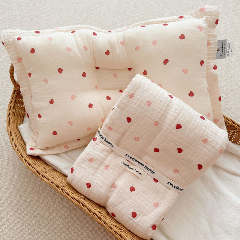 Pink Heart Muslin Toddler Blanket & Pillow Set – 47" x 51"