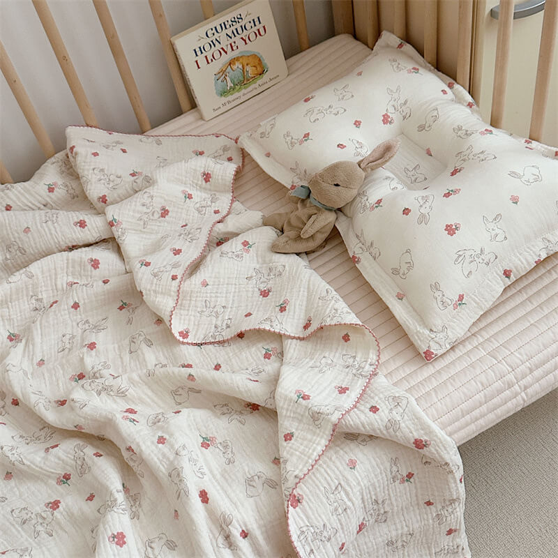 Bunny Floral Muslin Toddler Blanket & Pillow Set