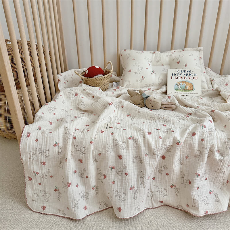 Bunny Floral Muslin Toddler Blanket & Pillow Set