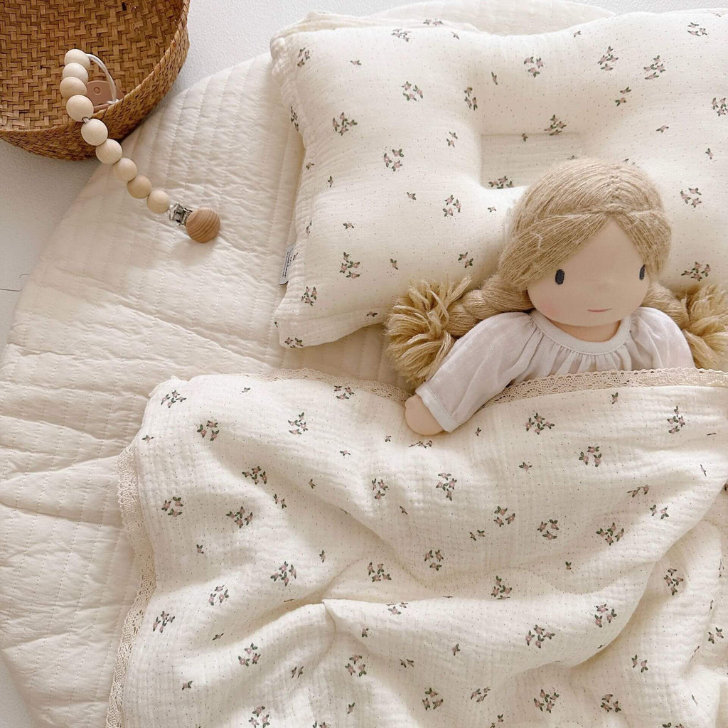 Primrose Floral Baby Quilt – Cotton Muslin with Lace Trim