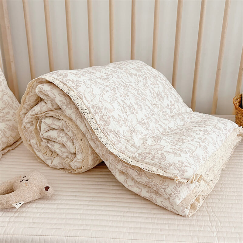 Woodland Baby Comforter – Muslin with Lace Trim & Fill