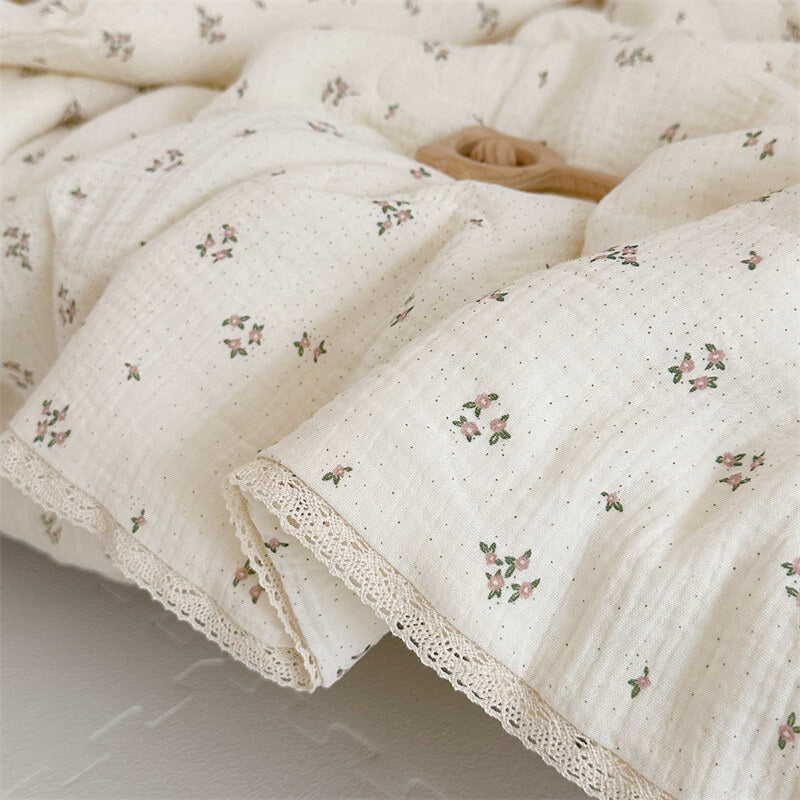 Primrose Floral Baby Quilt – Cotton Muslin with Lace Trim