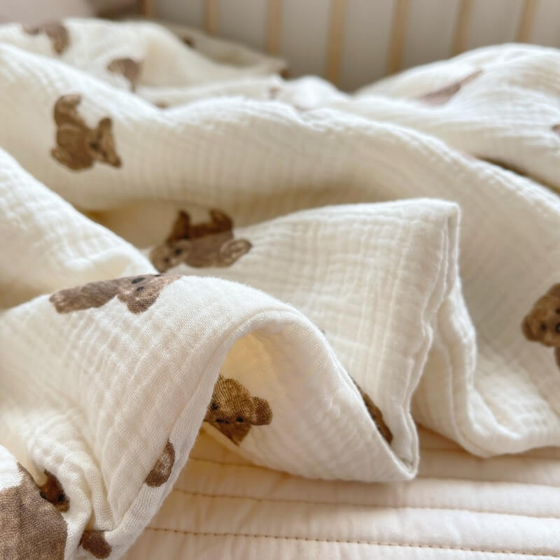 Teddy Bear Baby Quilt – Soft Cotton Gauze Nursery Bedding