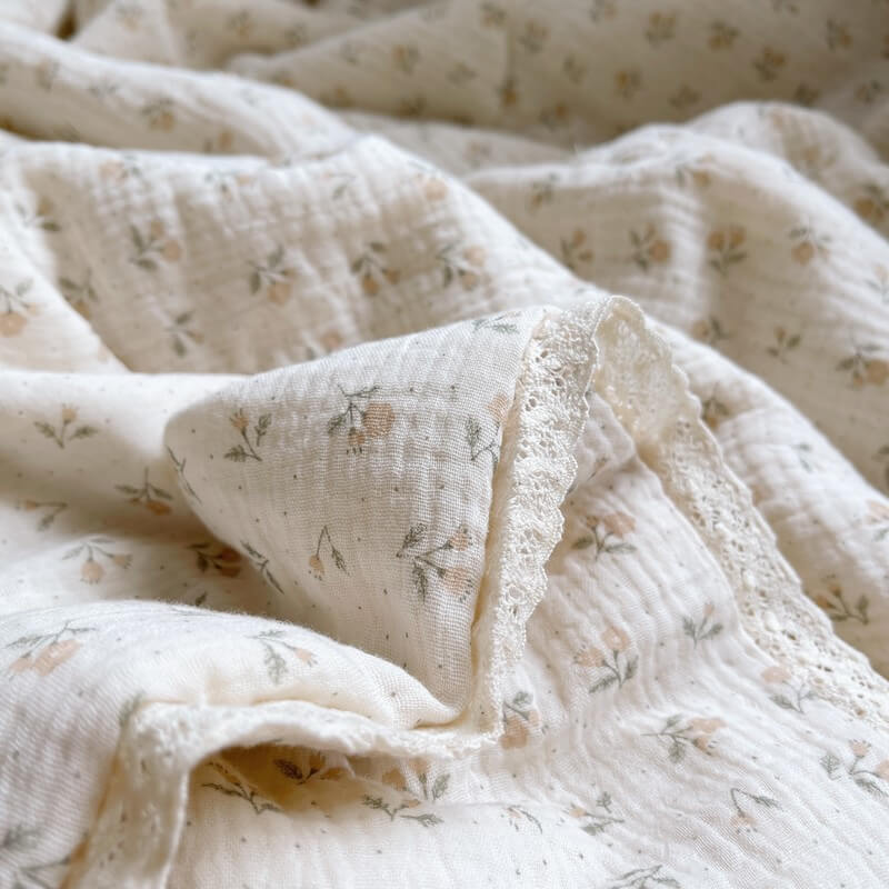 Soft Airy Floral Baby Quilt – Cotton Muslin with Lace Trim