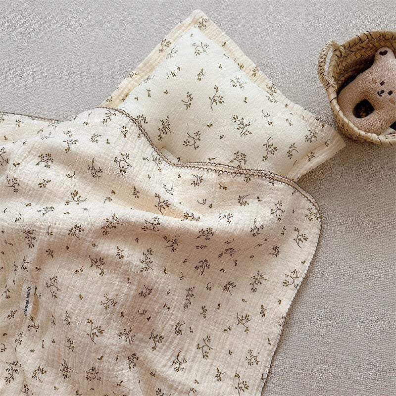 Olive Green Floral Muslin Toddler Blanket & Pillow Set