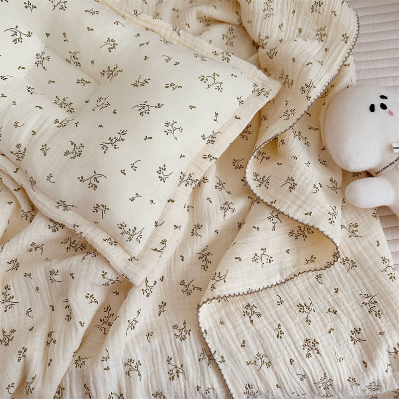 Olive Green Floral Muslin Toddler Blanket & Pillow Set