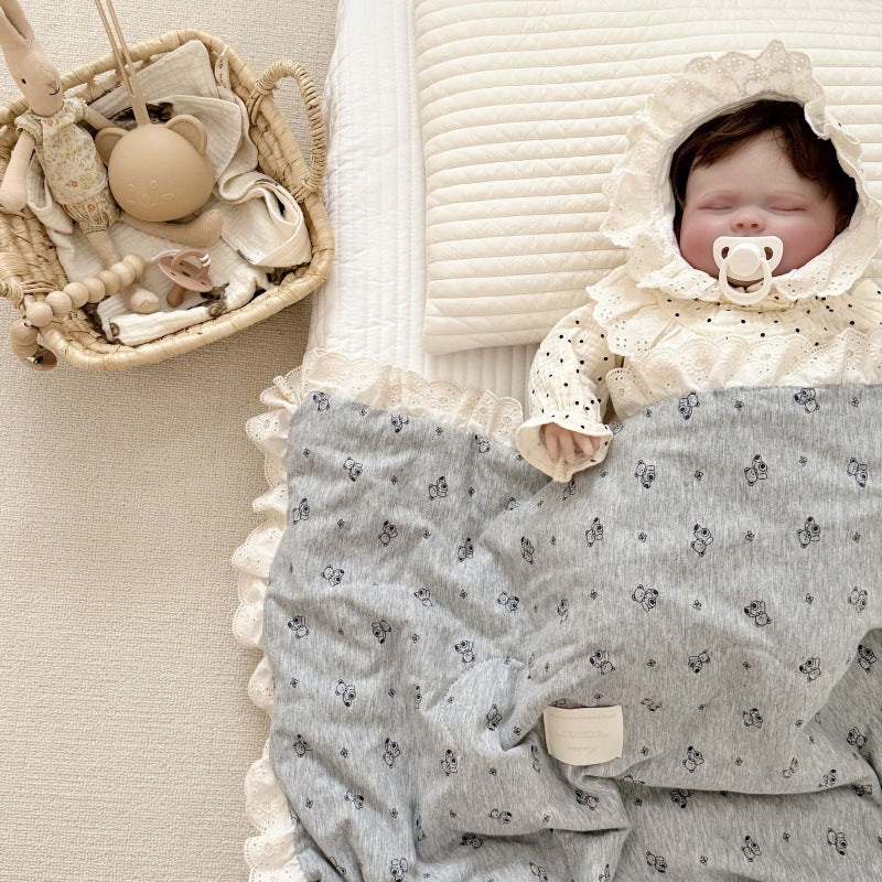 Grey Bear Baby Comforter – Cotton Jersey with Lace Trim