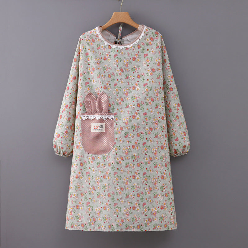 Floral Waterproof Kitchen Apron Green Long Sleeve