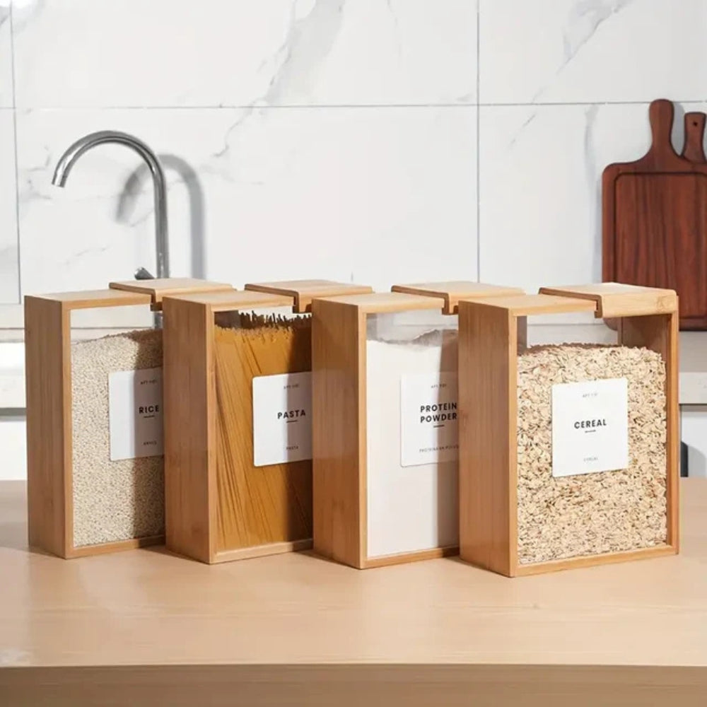 Sliding Bamboo Wood Pasta Grain Storage Container