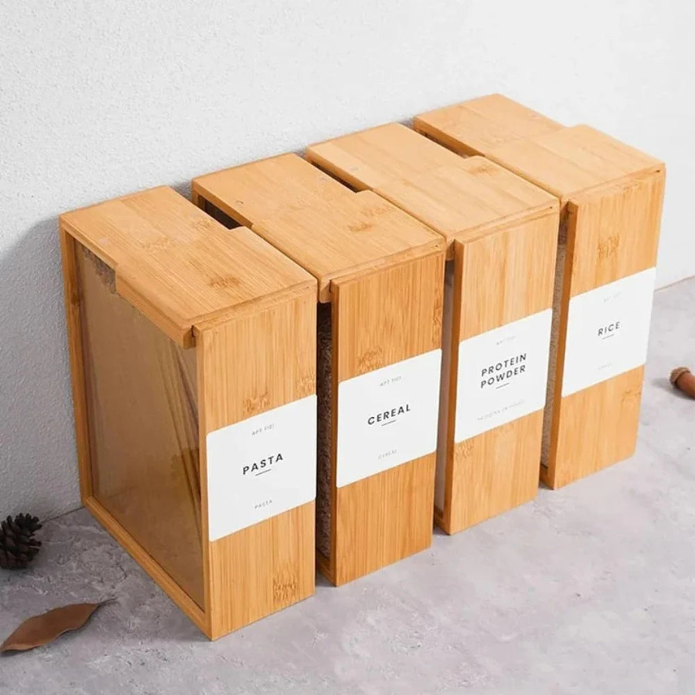 Sliding Bamboo Wood Pasta Grain Storage Container