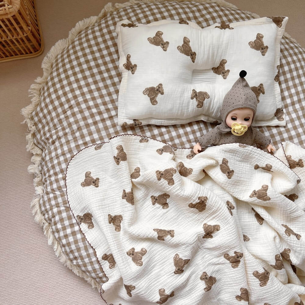 Teddy Bear Muslin Baby Blanket & Pillow Set – 47″×51″