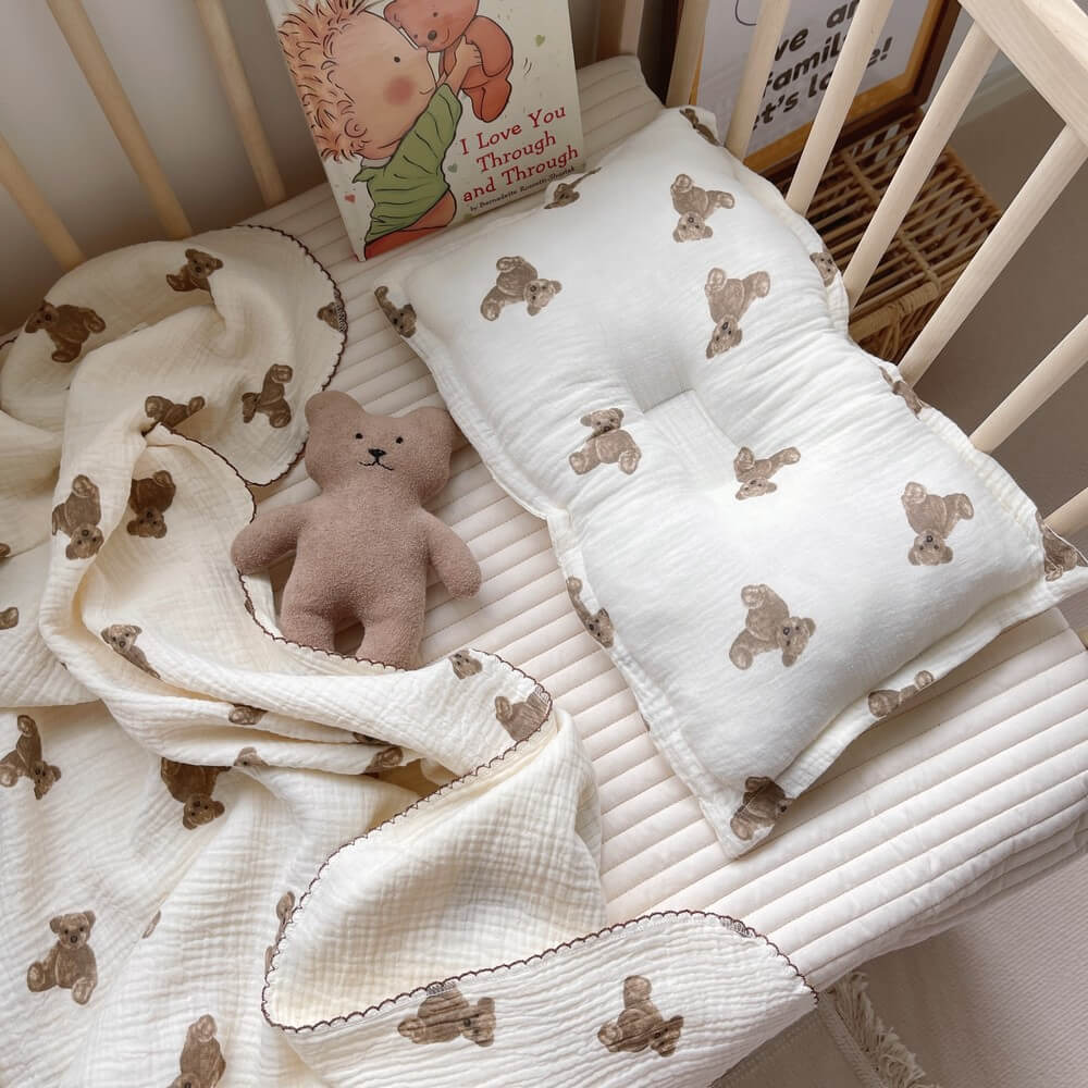 Teddy Bear Muslin Baby Blanket & Pillow Set – 47″×51″