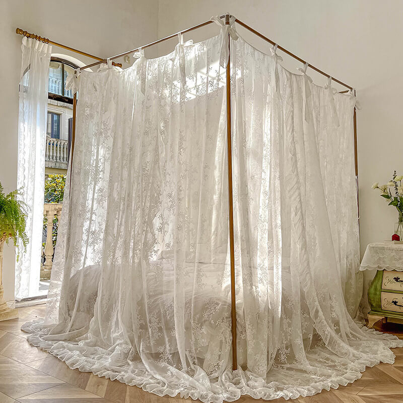4 Poster Bed Canopy Curtains – Floral Lace with Ruffle Trim