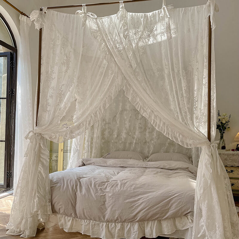 4 Poster Bed Canopy Curtains – Floral Lace with Ruffle Trim