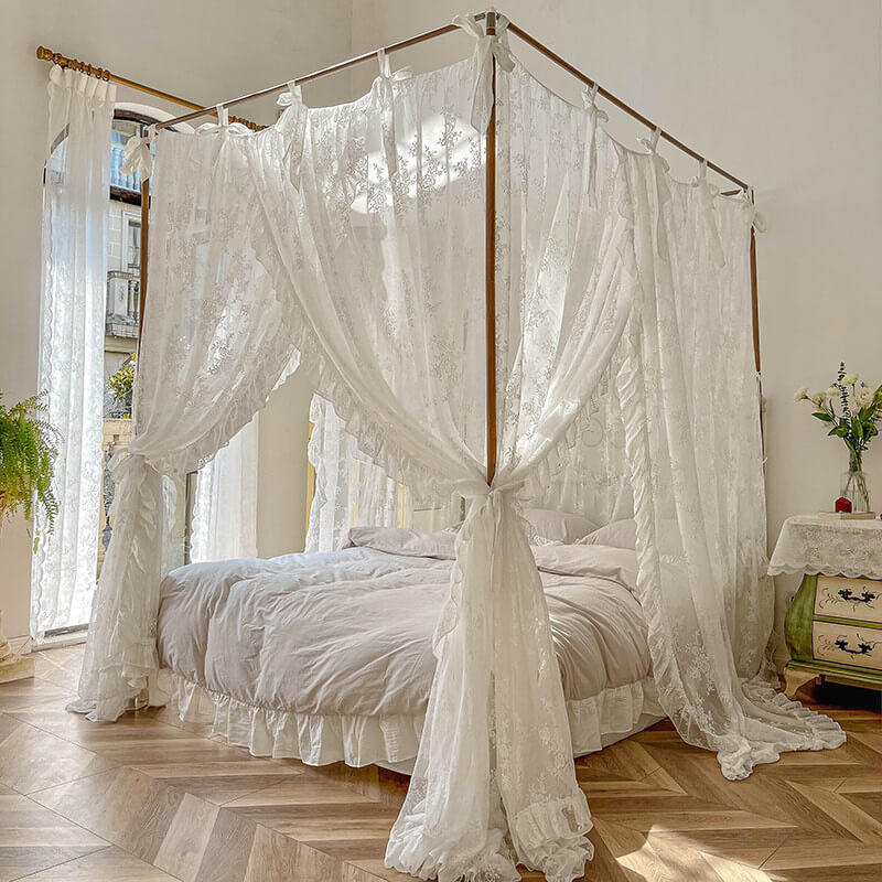 4 Poster Bed Canopy Curtains – Floral Lace with Ruffle Trim