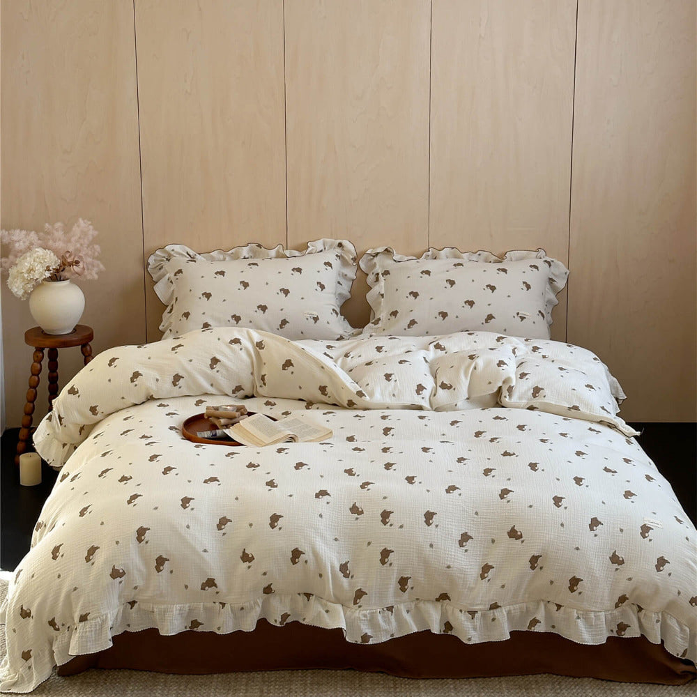 Bear Print Cotton Muslin Bedding Set – Ruffled Edges
