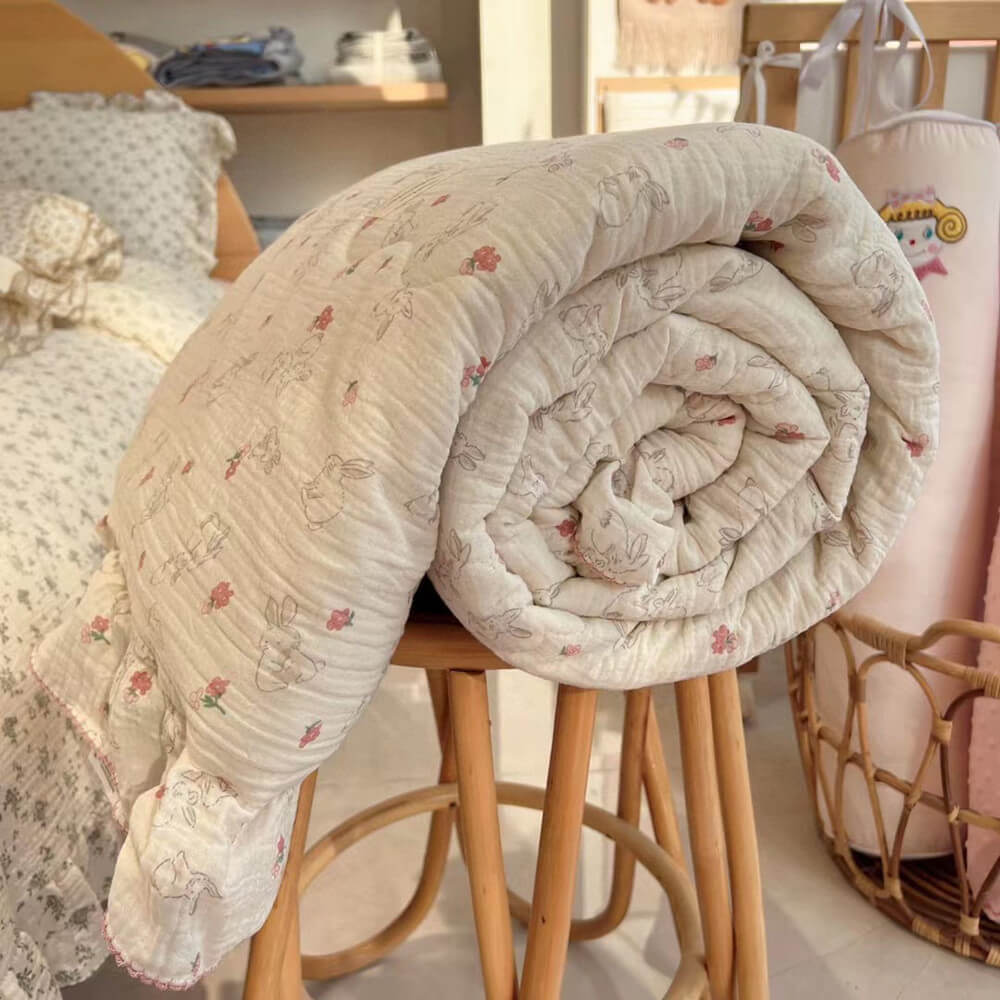 Bunny Floral Muslin Quilt – Ruffle Edge Cotton Bedding
